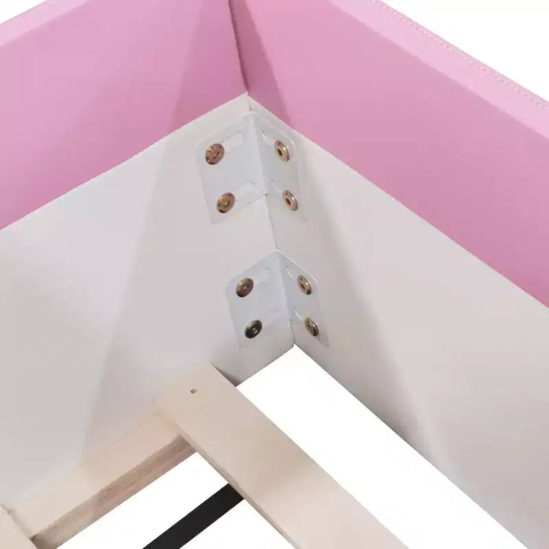 Cadre de lit de repos rembourré simple/double avec clôture et escalier, lit de sol Montessori pour enfants avec support à lattes robuste, rose et blanc