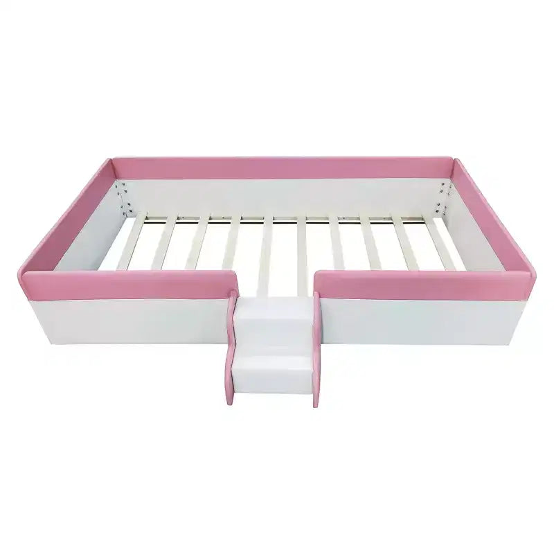 Cadre de lit de repos rembourré simple/double avec clôture et escalier, lit de sol Montessori pour enfants avec support à lattes robuste, rose et blanc