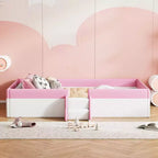 Cadre de lit de repos rembourré simple/double avec clôture et escalier, lit de sol Montessori pour enfants avec support à lattes robuste, rose et blanc