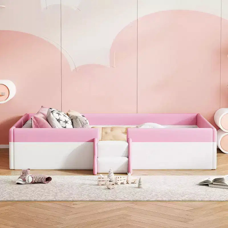 Cadre de lit de repos rembourré simple/double avec clôture et escalier, lit de sol Montessori pour enfants avec support à lattes robuste, rose et blanc