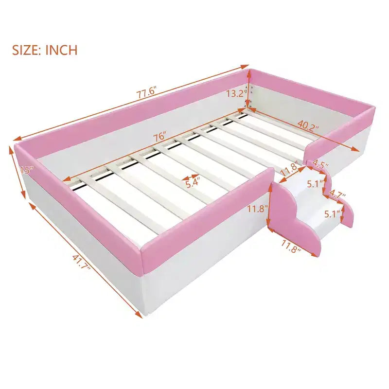 Cadre de lit de repos rembourré simple/double avec clôture et escalier, lit de sol Montessori pour enfants avec support à lattes robuste, rose et blanc