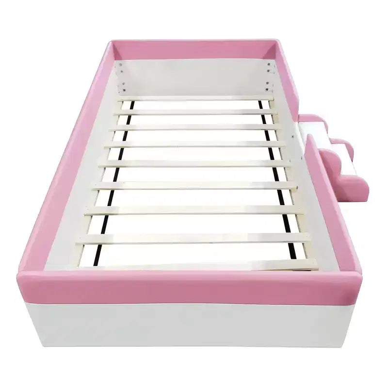 Cadre de lit de repos rembourré simple/double avec clôture et escalier, lit de sol Montessori pour enfants avec support à lattes robuste, rose et blanc