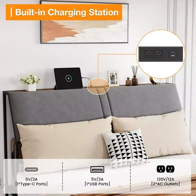 Cadre de lit plateforme avec tête de lit capitonnée, station de recharge, cadre en métal durable, silencieux, pas besoin de sommier, facile à assembler