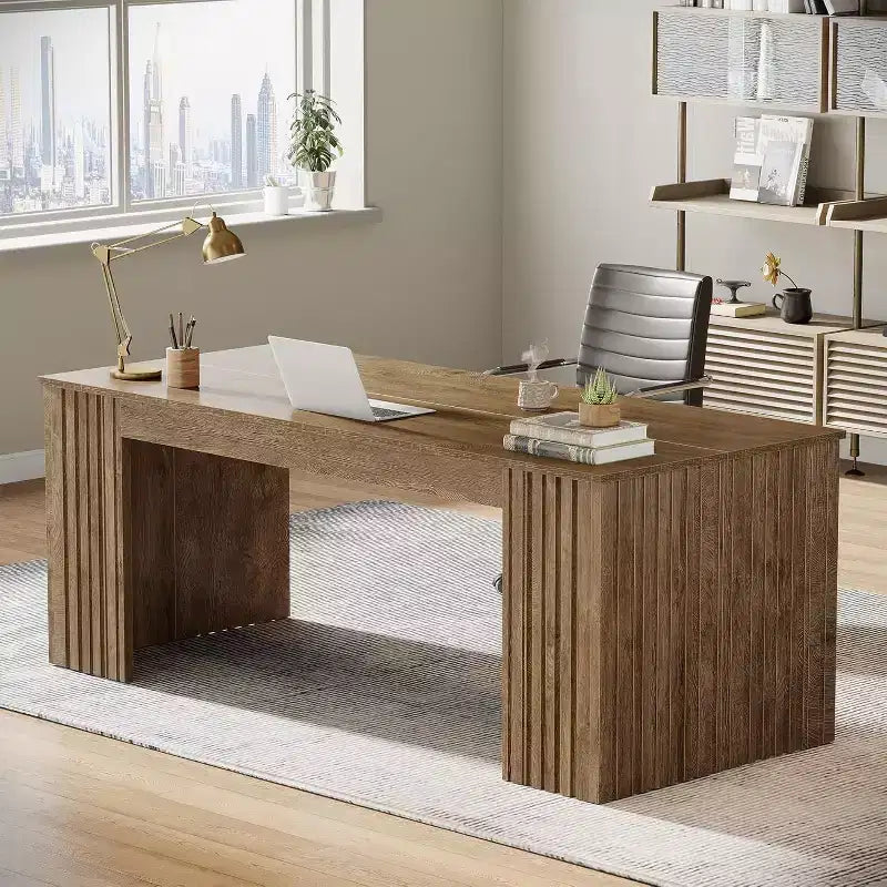 Bureau de direction moderne Lantine, grand bureau d'ordinateur de 160 cm, table d'étude/d'écriture, poste de travail, mobilier professionnel pour bureau à domicile, marron