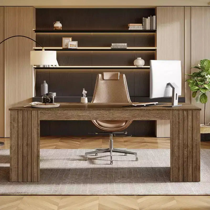 Bureau de direction moderne Lantine, grand bureau d'ordinateur de 160 cm, table d'étude/d'écriture, poste de travail, mobilier professionnel pour bureau à domicile, marron