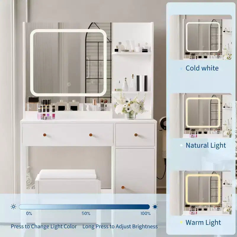 Coiffeuse avec miroir Coiffeuse avec support pour sèche-cheveux Tiroirs de rangement et étagères avec tabouret rembourré pour chambre à coucher