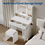Coiffeuse avec miroir Coiffeuse avec support pour sèche-cheveux Tiroirs de rangement et étagères avec tabouret rembourré pour chambre à coucher