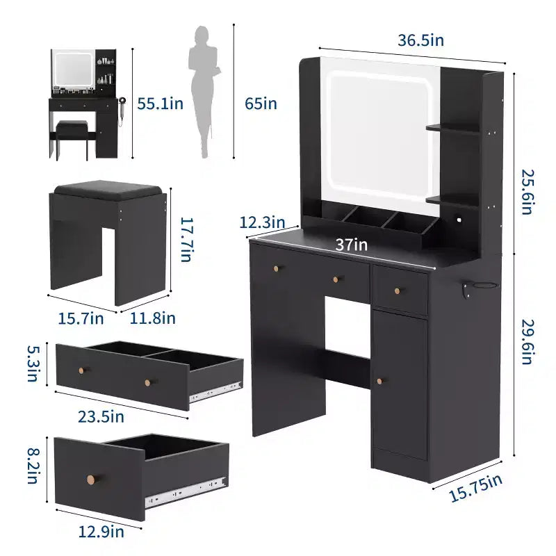 Coiffeuse avec miroir Coiffeuse avec support pour sèche-cheveux Tiroirs de rangement et étagères avec tabouret rembourré pour chambre à coucher