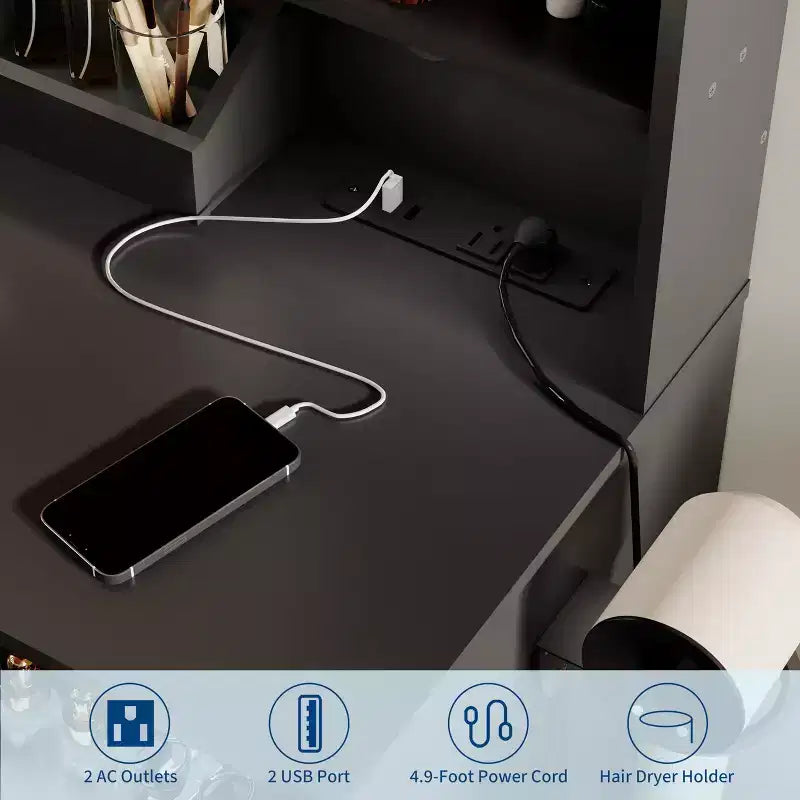 Coiffeuse avec miroir Coiffeuse avec support pour sèche-cheveux Tiroirs de rangement et étagères avec tabouret rembourré pour chambre à coucher