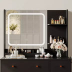 Coiffeuse avec miroir Coiffeuse avec support pour sèche-cheveux Tiroirs de rangement et étagères avec tabouret rembourré pour chambre à coucher