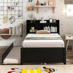 MAYEERTY Twin Platform Bed with Storage Headboard Pull Out Trundle Sturdy Pine Wood Bed for Living Room Brown