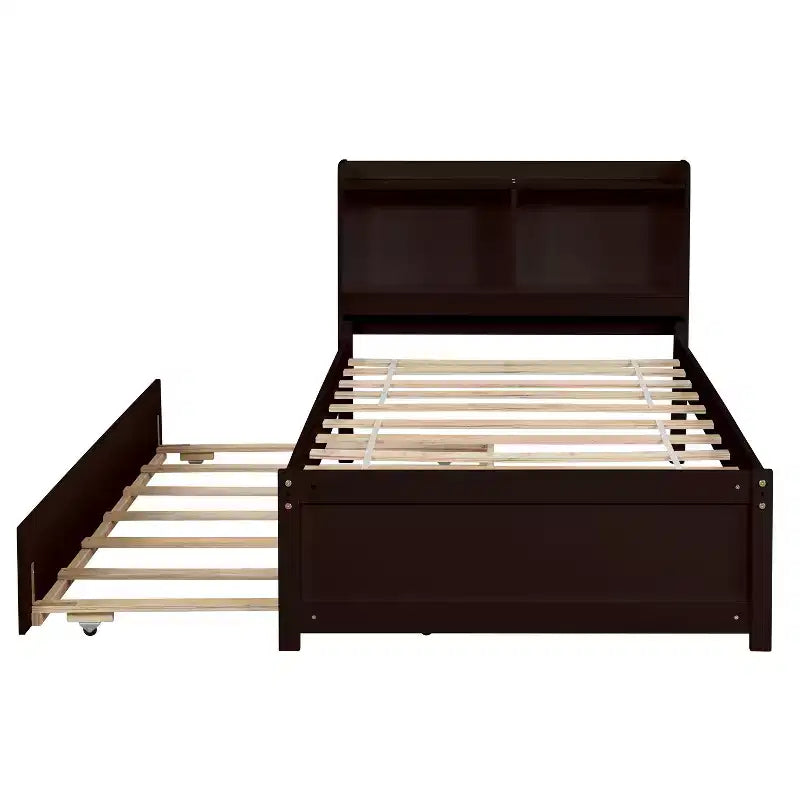 Lit plateforme double MAYEERTY avec tête de lit de rangement, lit gigogne coulissant, lit robuste en bois de pin pour salon, marron