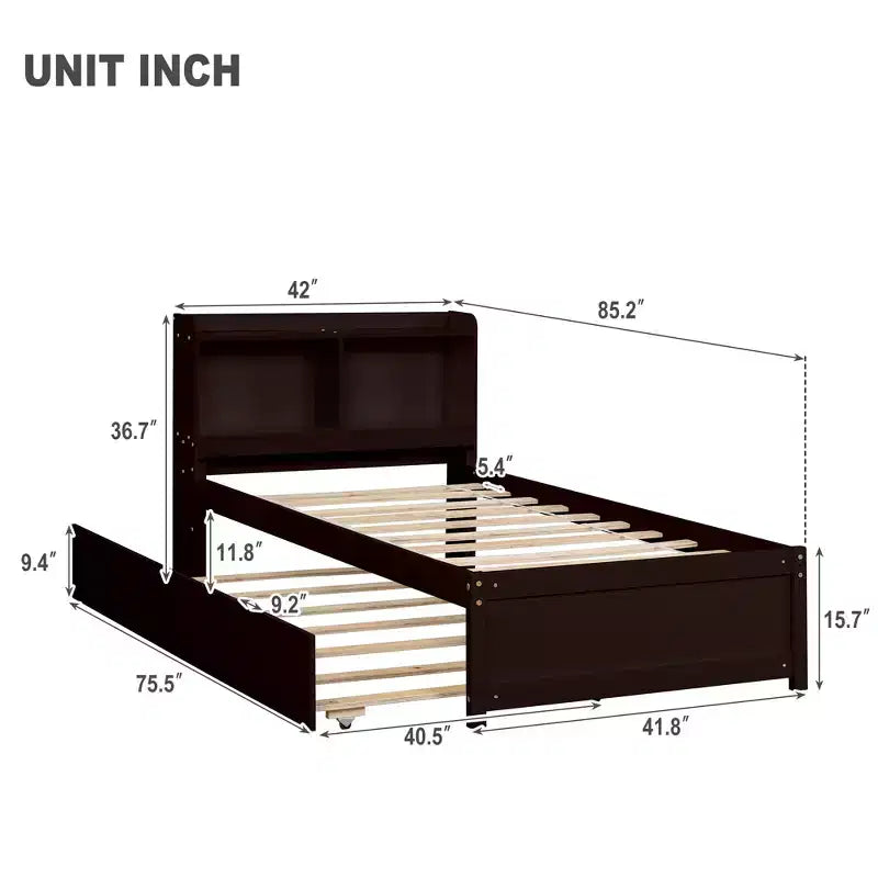 Lit plateforme double MAYEERTY avec tête de lit de rangement, lit gigogne coulissant, lit robuste en bois de pin pour salon, marron