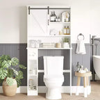 COZONY Meuble de rangement WC avec porte coulissante de style grange, étagère de rangement de salle de bain avec étagère réglable et porte-papier toilette pour salle de bain