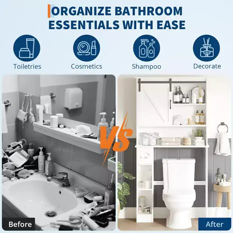 COZONY Meuble de rangement WC avec porte coulissante de style grange, étagère de rangement de salle de bain avec étagère réglable et porte-papier toilette pour salle de bain