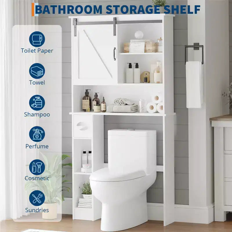 COZONY Meuble de rangement WC avec porte coulissante de style grange, étagère de rangement de salle de bain avec étagère réglable et porte-papier toilette pour salle de bain