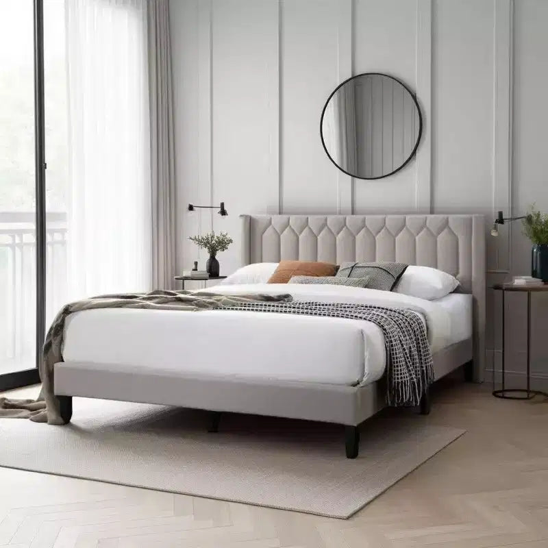 Royal Hampton Queen Size Bed, Geometric Stitched Light Brown Burlap Upholstery