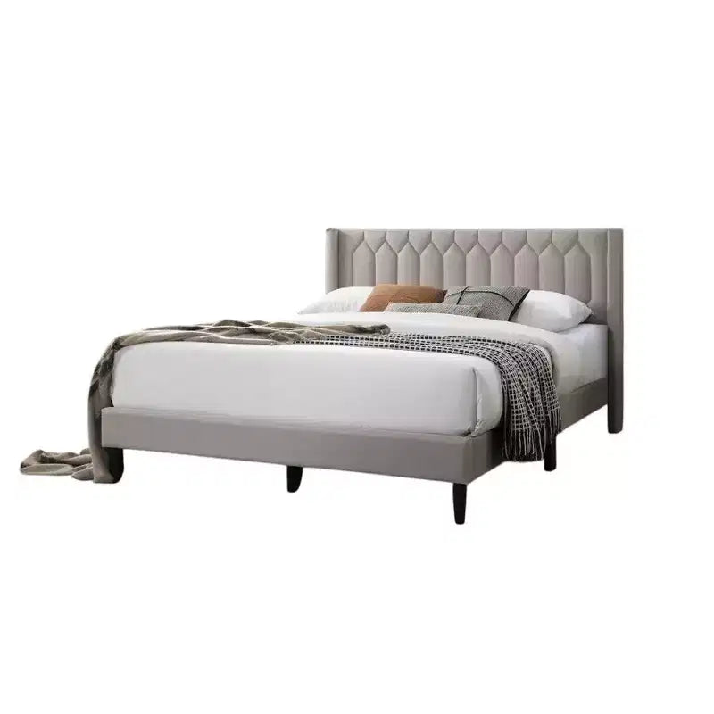 Lit Queen Size Royal Hampton, revêtement en toile de jute marron clair à motifs géométriques