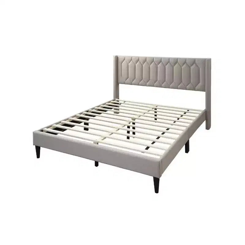 Lit Queen Size Royal Hampton, revêtement en toile de jute marron clair à motifs géométriques