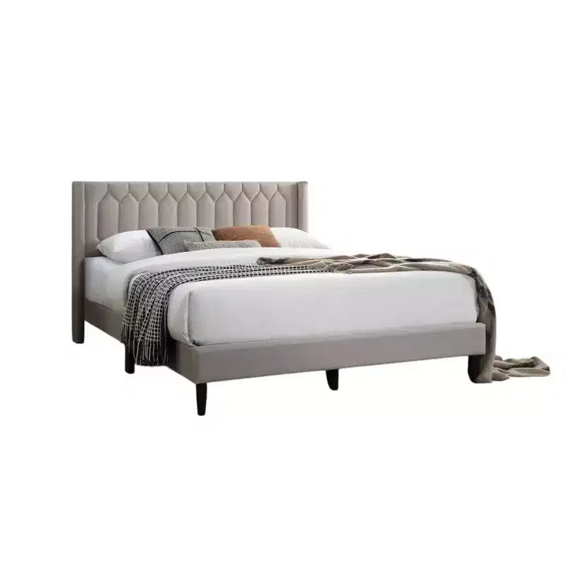 Lit Queen Size Royal Hampton, revêtement en toile de jute marron clair à motifs géométriques