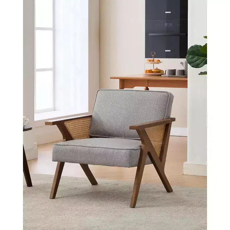 Fauteuil d'appoint moderne du milieu du siècle, pieds en bois massif, tissu de lin, pour salon, chambre à coucher