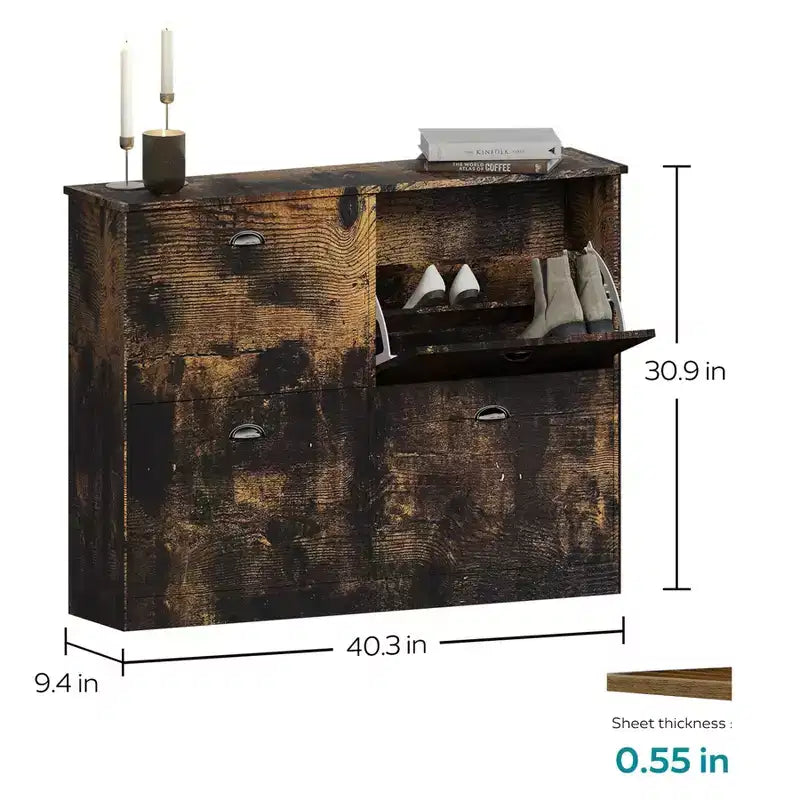 Okak Meuble à chaussures étroit mi-siècle avec 4 tiroirs basculants, meuble à chaussures autoportant pour foyer, entrées