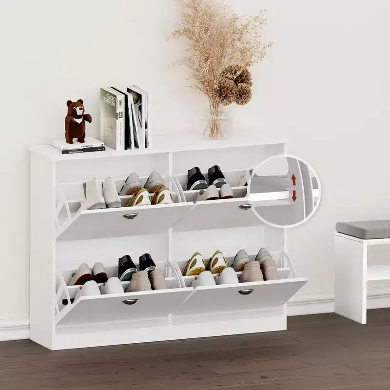 Okak Meuble à chaussures étroit mi-siècle avec 4 tiroirs basculants, meuble à chaussures autoportant pour foyer, entrées