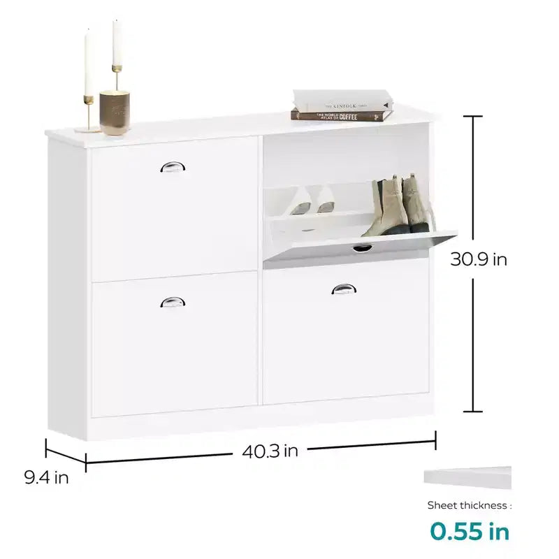 Okak Meuble à chaussures étroit mi-siècle avec 4 tiroirs basculants, meuble à chaussures autoportant pour foyer, entrées