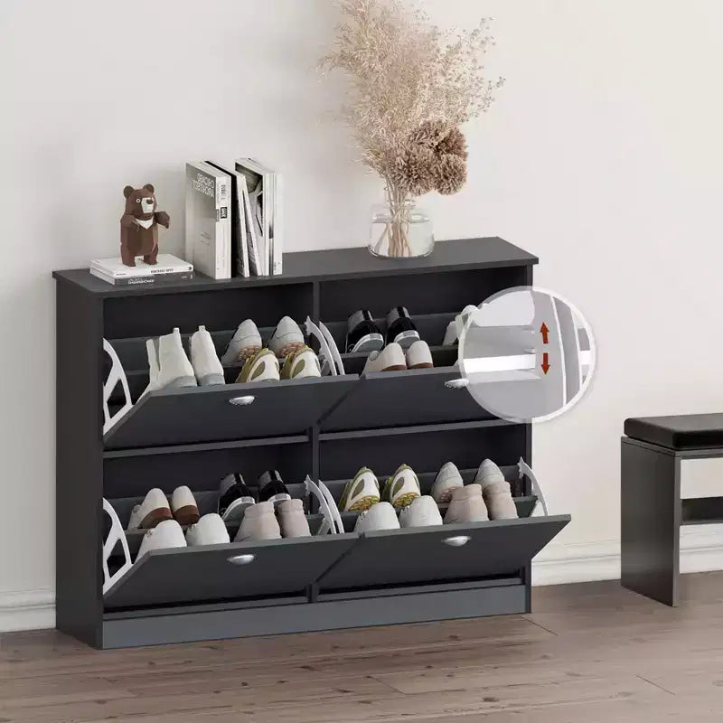 Okak Meuble à chaussures étroit mi-siècle avec 4 tiroirs basculants, meuble à chaussures autoportant pour foyer, entrées