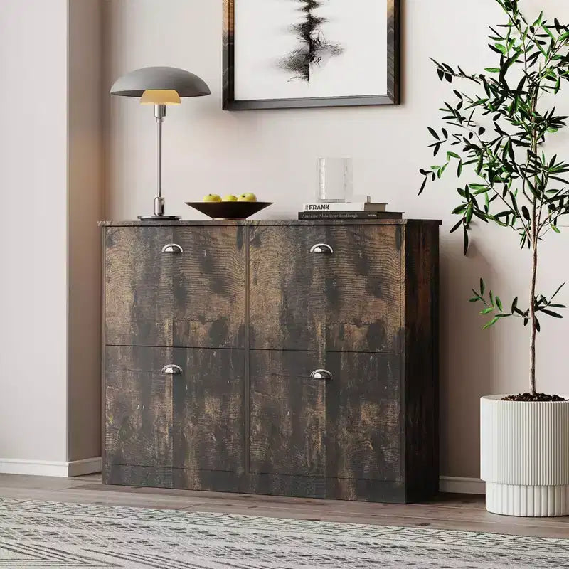 Okak Meuble à chaussures étroit mi-siècle avec 4 tiroirs basculants, meuble à chaussures autoportant pour foyer, entrées