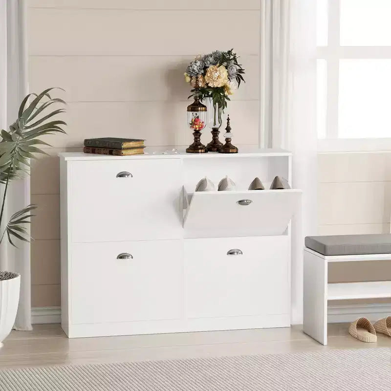 Okak Meuble à chaussures étroit mi-siècle avec 4 tiroirs basculants, meuble à chaussures autoportant pour foyer, entrées
