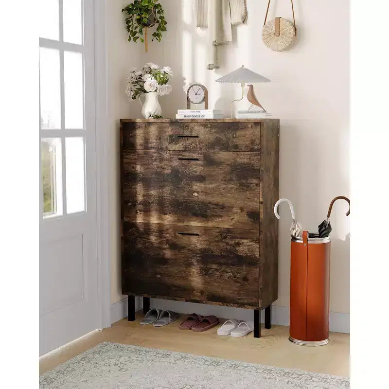 Meuble à chaussures à double abattant, Organisateur peu encombrant pour l'entrée, le couloir ou la buanderie, Armoire à chaussures dissimulée pour un rangement soigné et ordonné