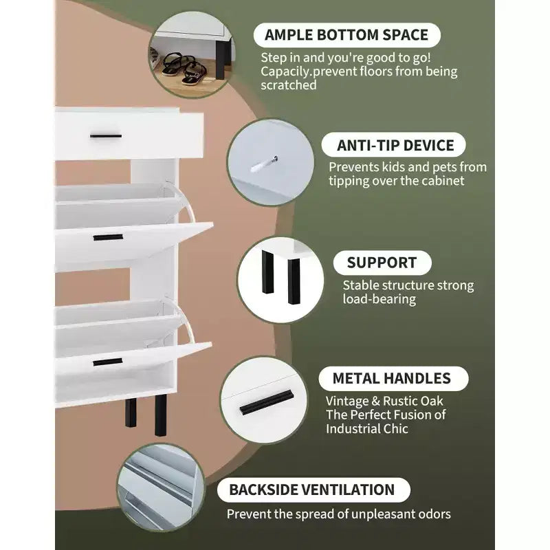 Meuble à chaussures à double abattant, Organisateur peu encombrant pour l'entrée, le couloir ou la buanderie, Armoire à chaussures dissimulée pour un rangement soigné et ordonné