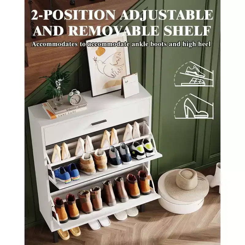 Meuble à chaussures à double abattant, Organisateur peu encombrant pour l'entrée, le couloir ou la buanderie, Armoire à chaussures dissimulée pour un rangement soigné et ordonné
