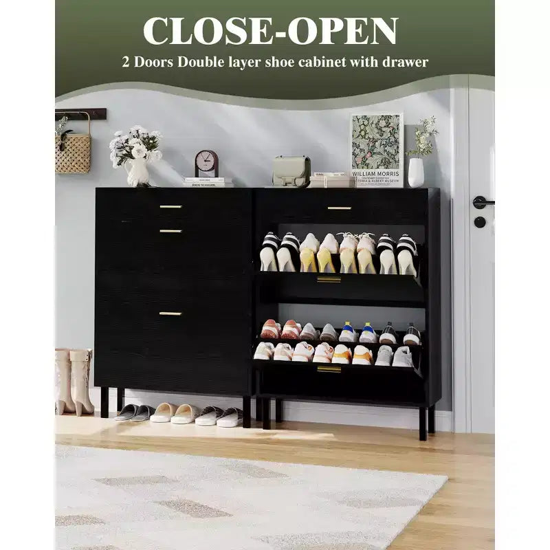 Meuble à chaussures à double abattant, Organisateur peu encombrant pour l'entrée, le couloir ou la buanderie, Armoire à chaussures dissimulée pour un rangement soigné et ordonné
