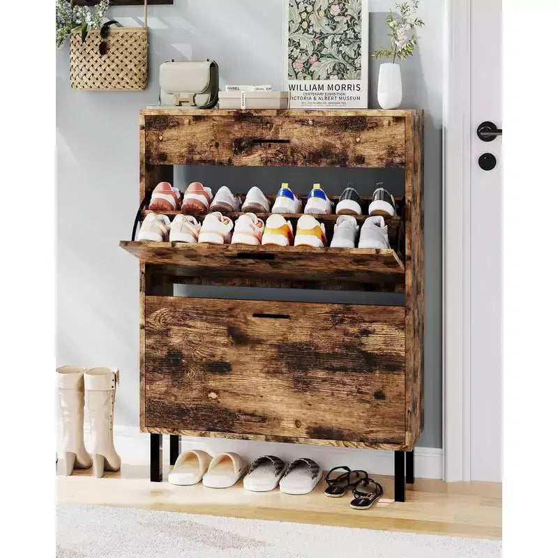 Meuble à chaussures à double abattant, Organisateur peu encombrant pour l'entrée, le couloir ou la buanderie, Armoire à chaussures dissimulée pour un rangement soigné et ordonné