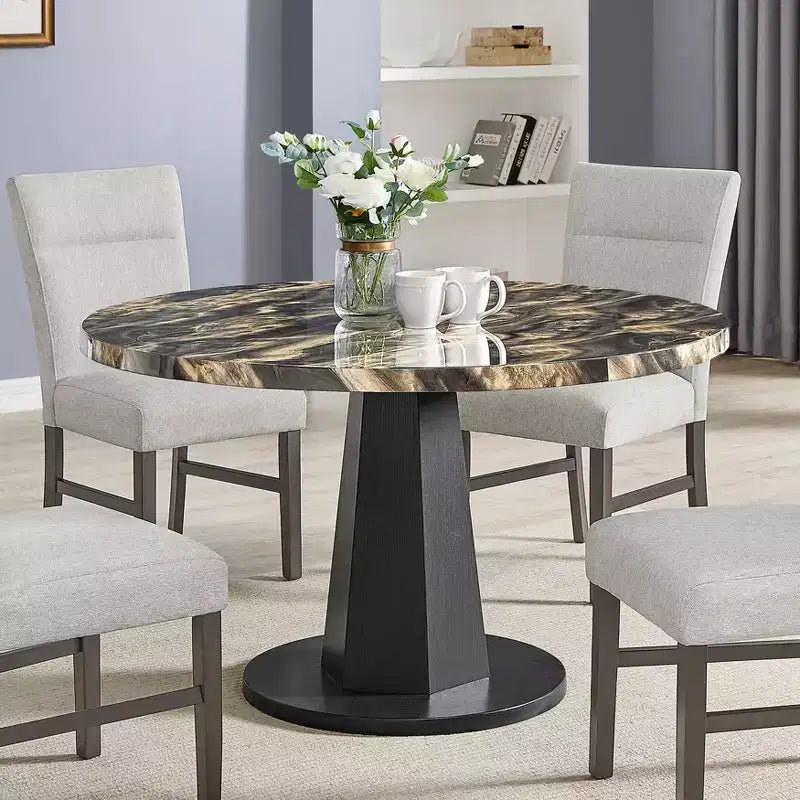 Table de salle à manger moderne Cavira de Roundhill Furniture en imitation marbre avec pied piédestal en bois