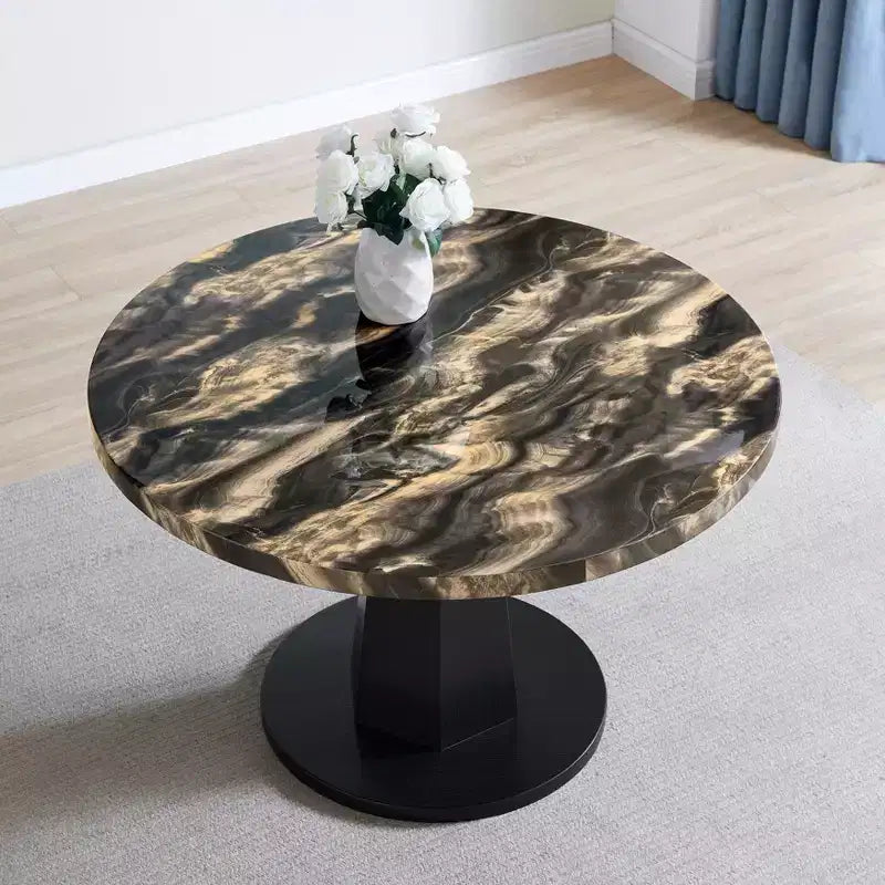 Table de salle à manger moderne Cavira de Roundhill Furniture en imitation marbre avec pied piédestal en bois