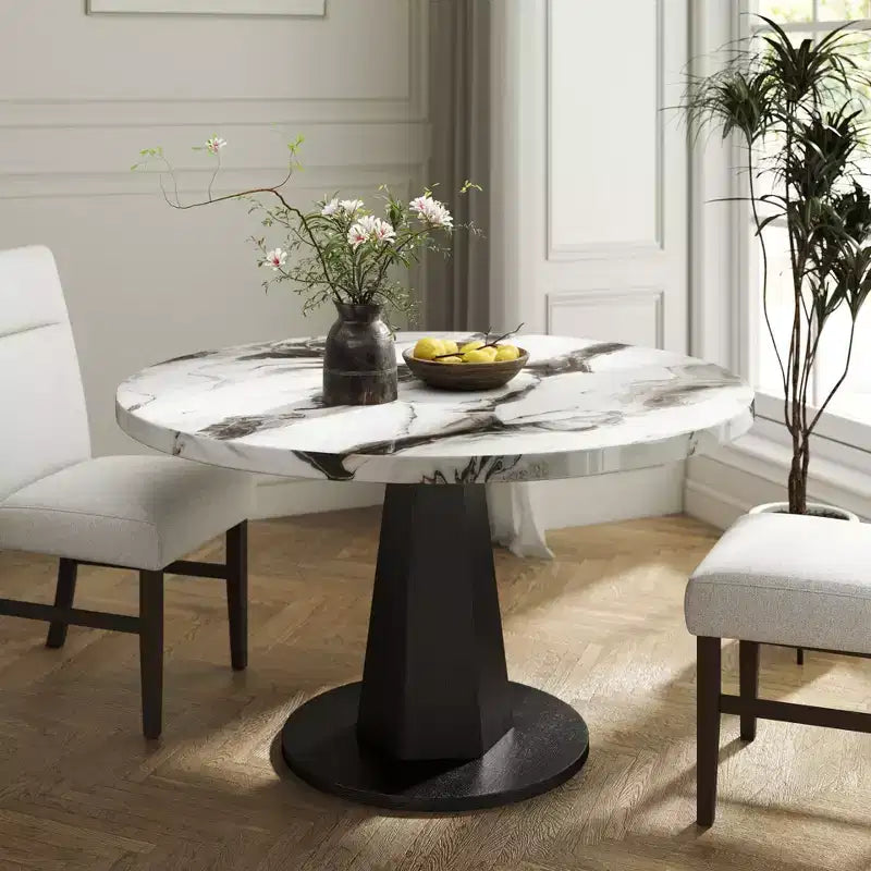 Table de salle à manger moderne Cavira de Roundhill Furniture en imitation marbre avec pied piédestal en bois