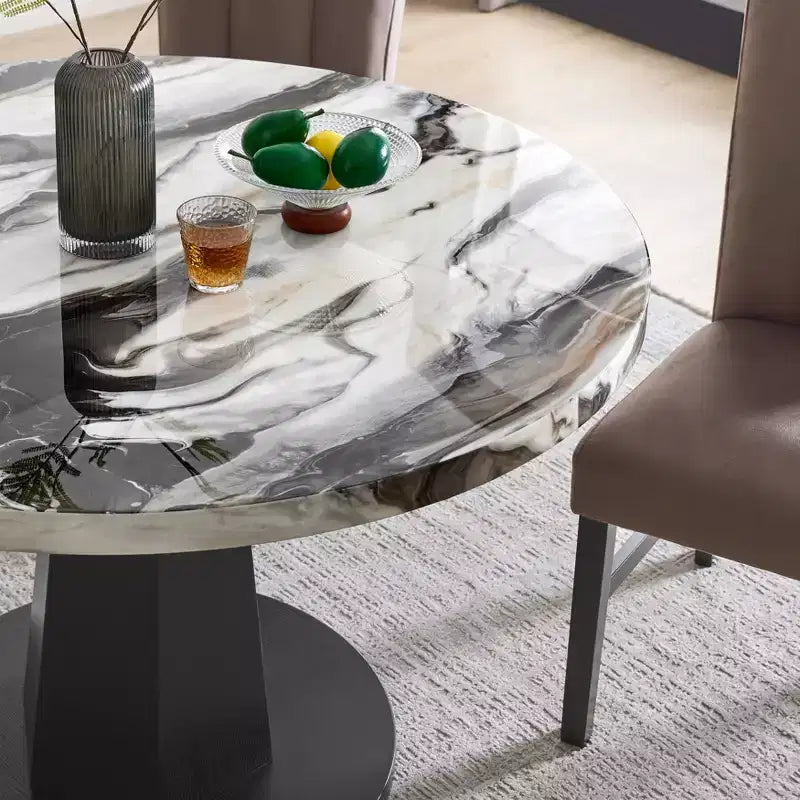 Table de salle à manger moderne Cavira de Roundhill Furniture en imitation marbre avec pied piédestal en bois