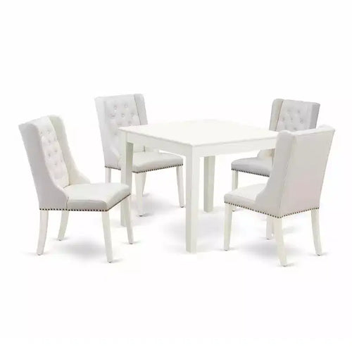5-Piece Linen White Finish Solid Wood Top - Button Tufted Dining Room Set - Seats 4