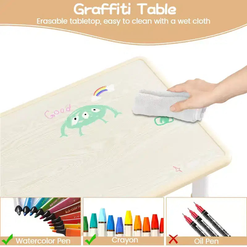 Ensemble table et 4 chaises pour enfants, ensemble table et chaise d'étude pour enfants avec plateau de bureau graffiti et pieds antidérapants, table d'activités réglable en hauteur pour tout-petits