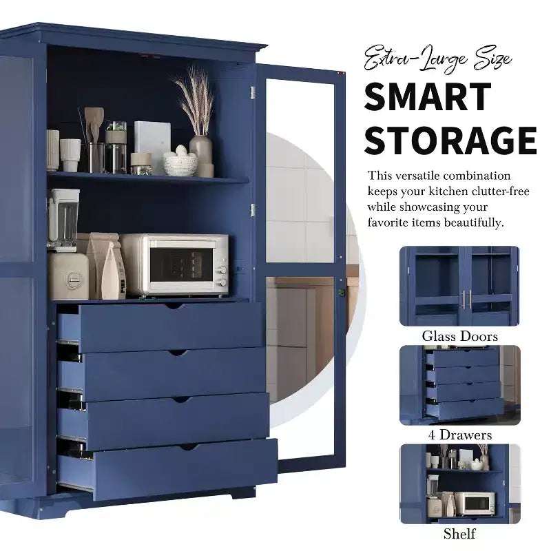 TOPMAX Garde-manger de cuisine 44,7x20x75 pouces, armoire de rangement de cuisine autoportante avec portes vitrées et 4 tiroirs intégrés pour salon