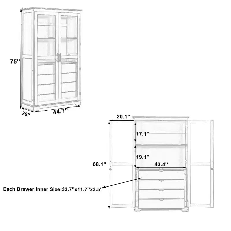 TOPMAX Garde-manger de cuisine 44,7x20x75 pouces, armoire de rangement de cuisine autoportante avec portes vitrées et 4 tiroirs intégrés pour salon