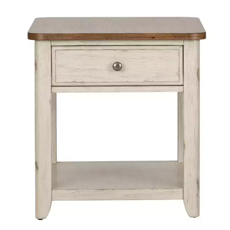 Liberty Furniture, Table d'appoint revisitée style ferme avec panier, blanc antique avec plateau couleur châtaigne
