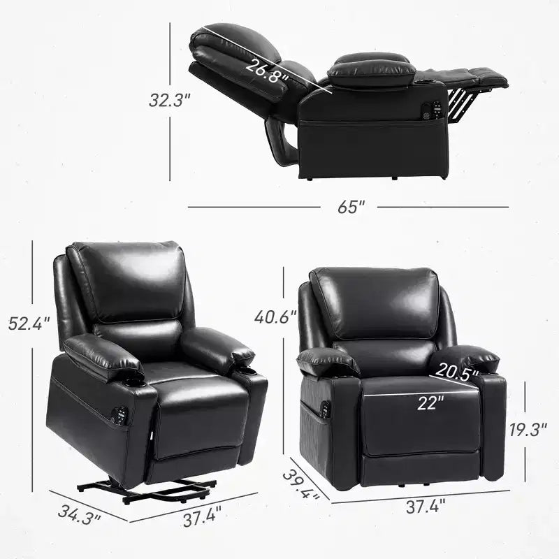 Fauteuil releveur électrique pour personnes âgées, canapé inclinable en similicuir avec massage vibrant et chauffage, télécommande, poches latérales