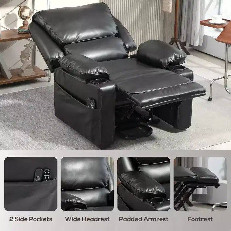 Fauteuil releveur électrique pour personnes âgées, canapé inclinable en similicuir avec massage vibrant et chauffage, télécommande, poches latérales