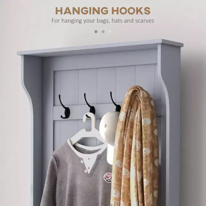 Portemanteau d'entrée Okak 28IN avec 4 crochets métalliques, portemanteau avec rangement à chaussures et porte supérieure, portemanteau autoportant pour salon, entrée, gris