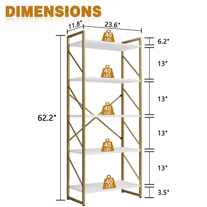Étagère Celebalcony 62,2 H x 23,6 L 5 niveaux, Bibliothèque haute en bois avec cadre métallique, Meuble de rangement moderne, Étagères de rangement pour bureau à domicile