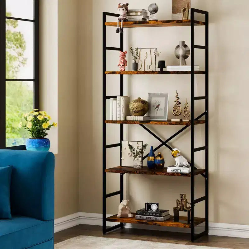 Celebalcony 62.2 H x 23.6 W 5 Tiers Bookshelf, Tall Wooden Bookcase with Metal Frame, Modern Book Rack, Storage Shelves for Home Office